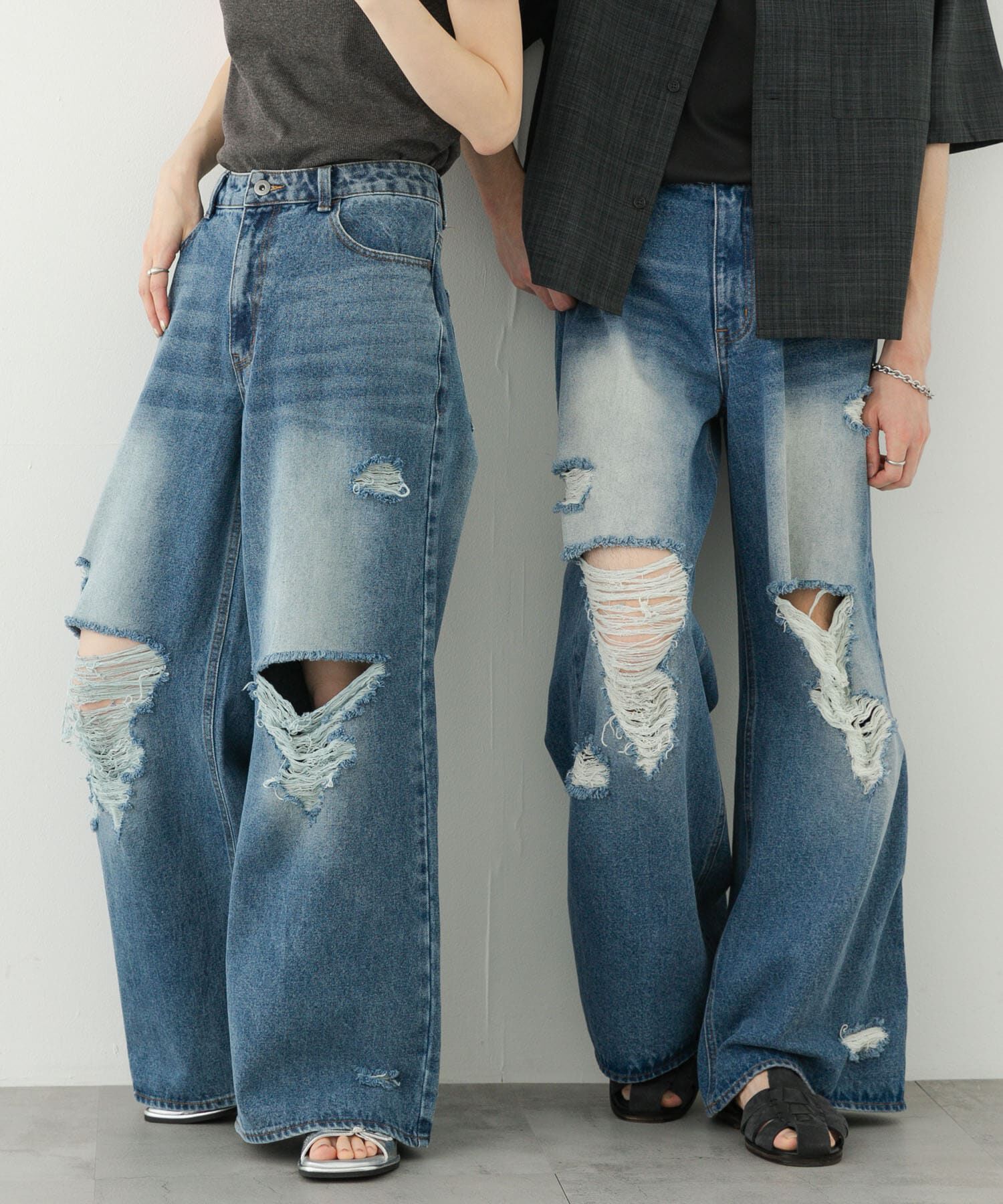 SENSE OF PLACE by URBAN RESEARCH「『ユニセックス』ダメージデニムワイドパンツ」|デニム|インディゴブルー