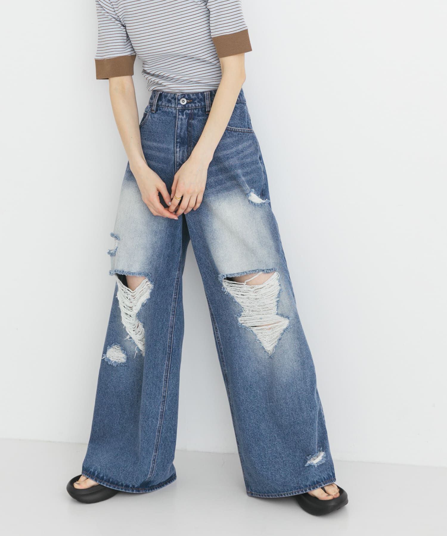 SENSE OF PLACE by URBAN RESEARCH「『ユニセックス』ダメージデニムワイドパンツ」|デニム|