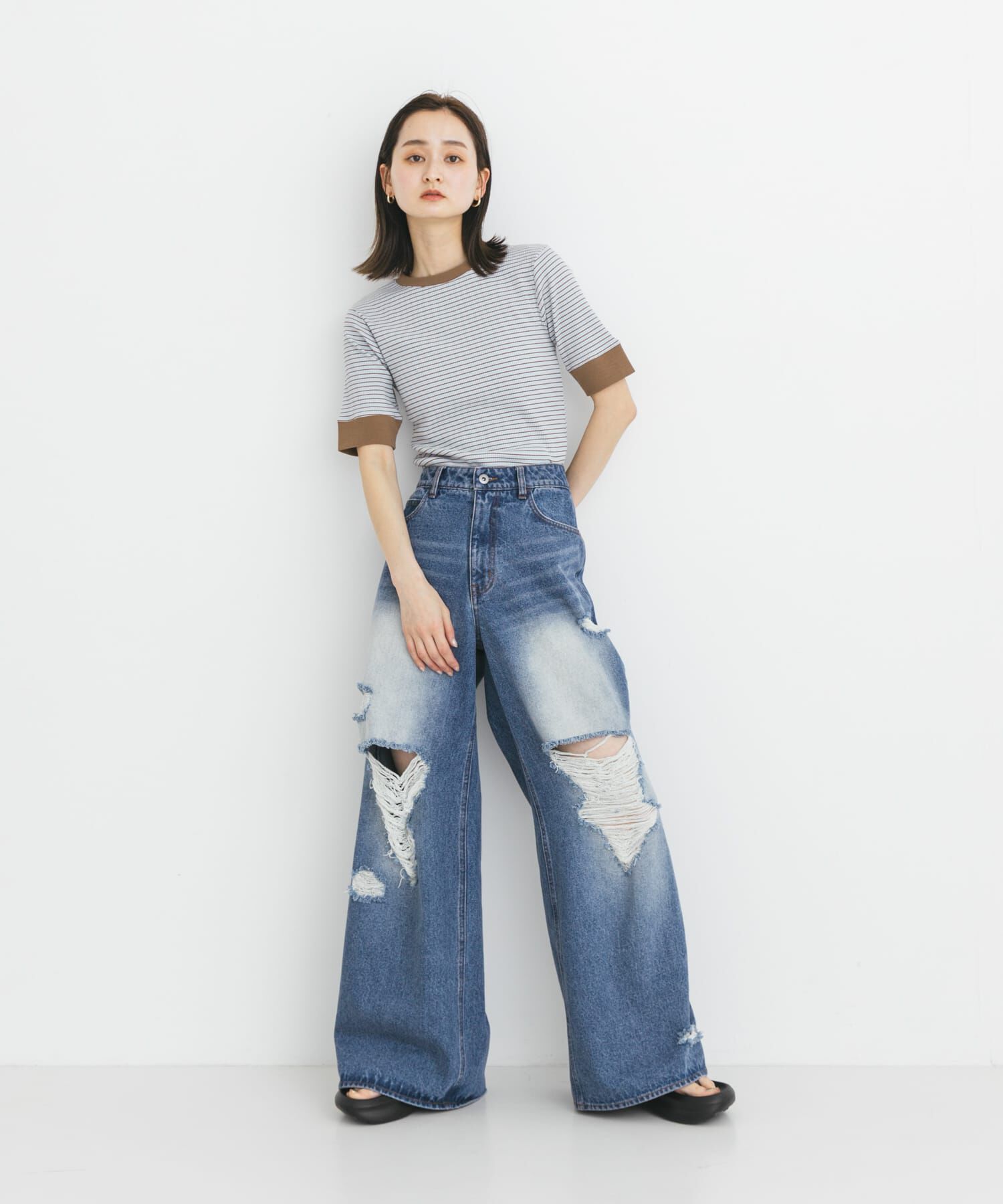 SENSE OF PLACE by URBAN RESEARCH「『ユニセックス』ダメージデニムワイドパンツ」|デニム|