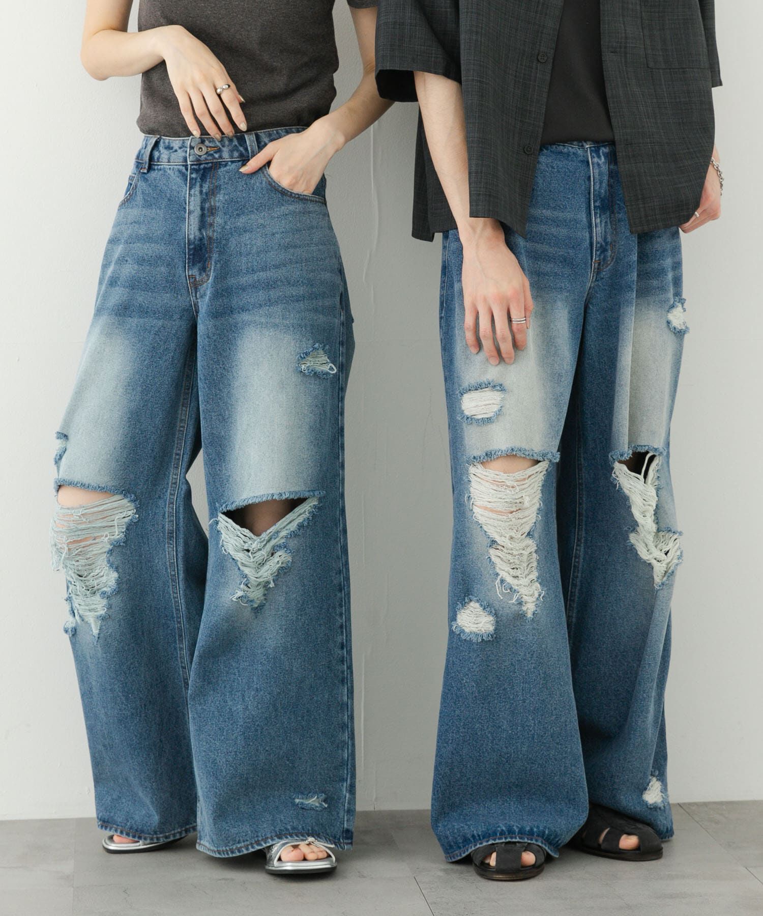 SENSE OF PLACE by URBAN RESEARCH「『ユニセックス』ダメージデニムワイドパンツ」|デニム|