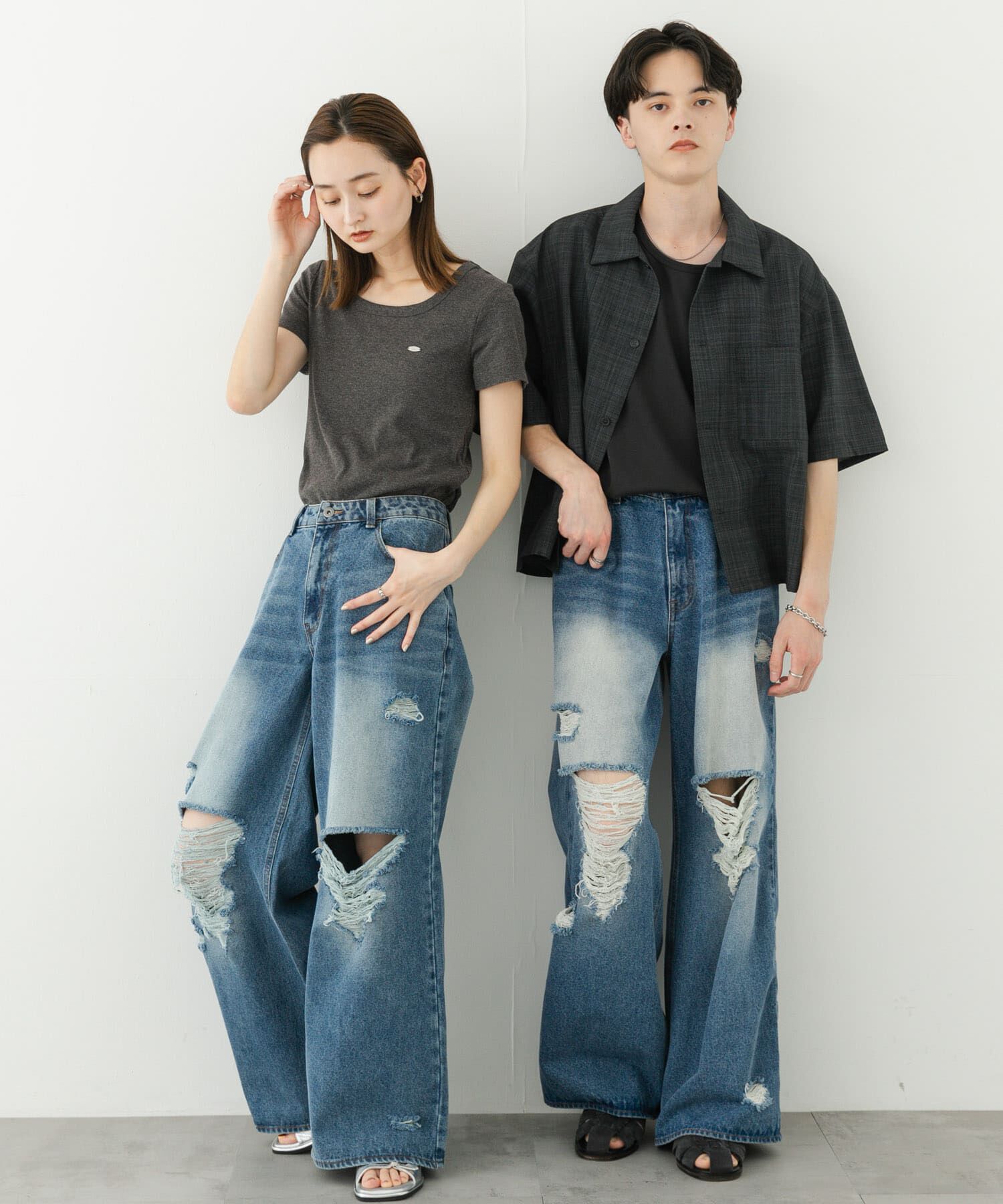 SENSE OF PLACE by URBAN RESEARCH「『ユニセックス』ダメージデニムワイドパンツ」|デニム|