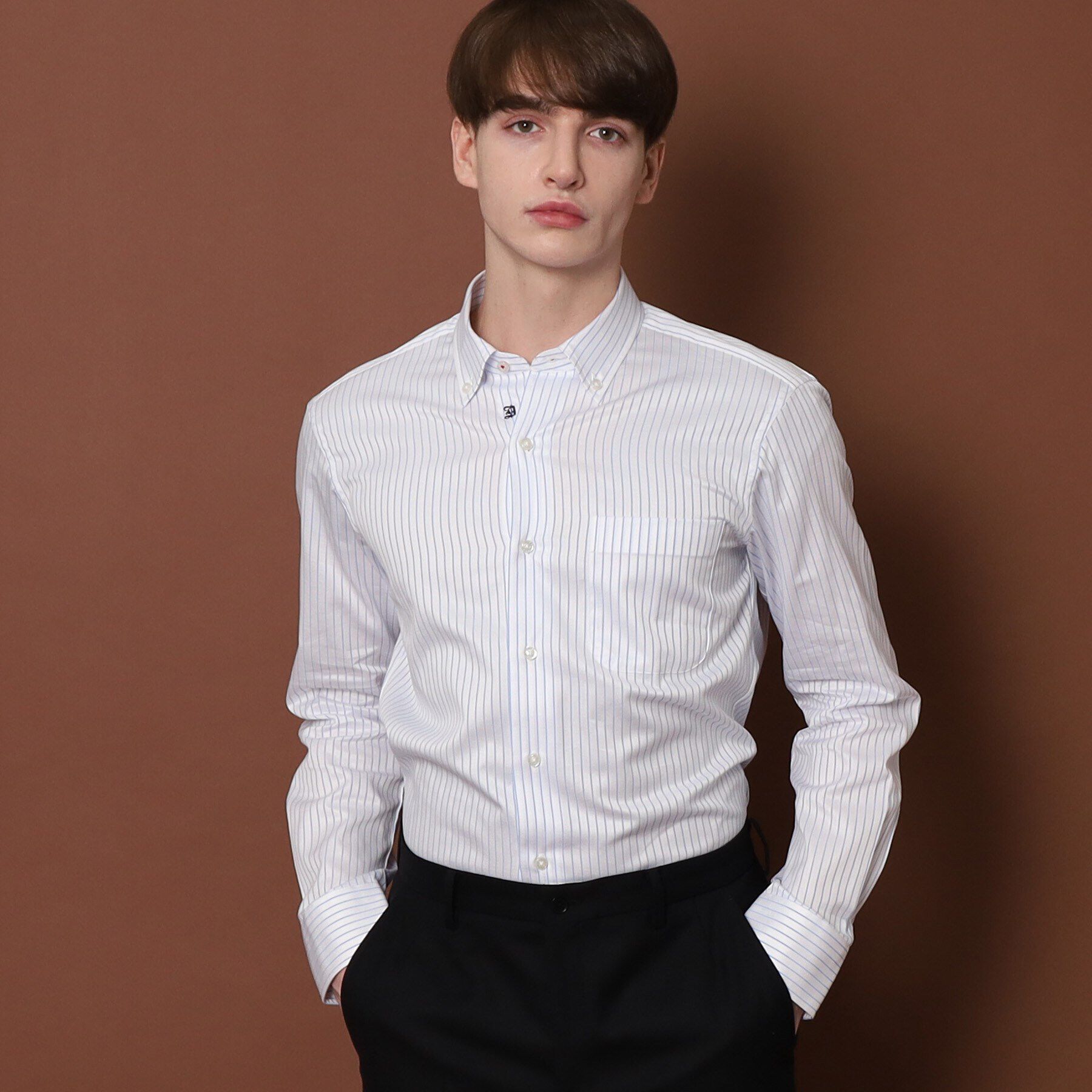 DRESSTERIOR「100／2 ヘリンボーンストライプ ボタンダウンシャツ」|シャツ・ブラウス|ライトブルー(391