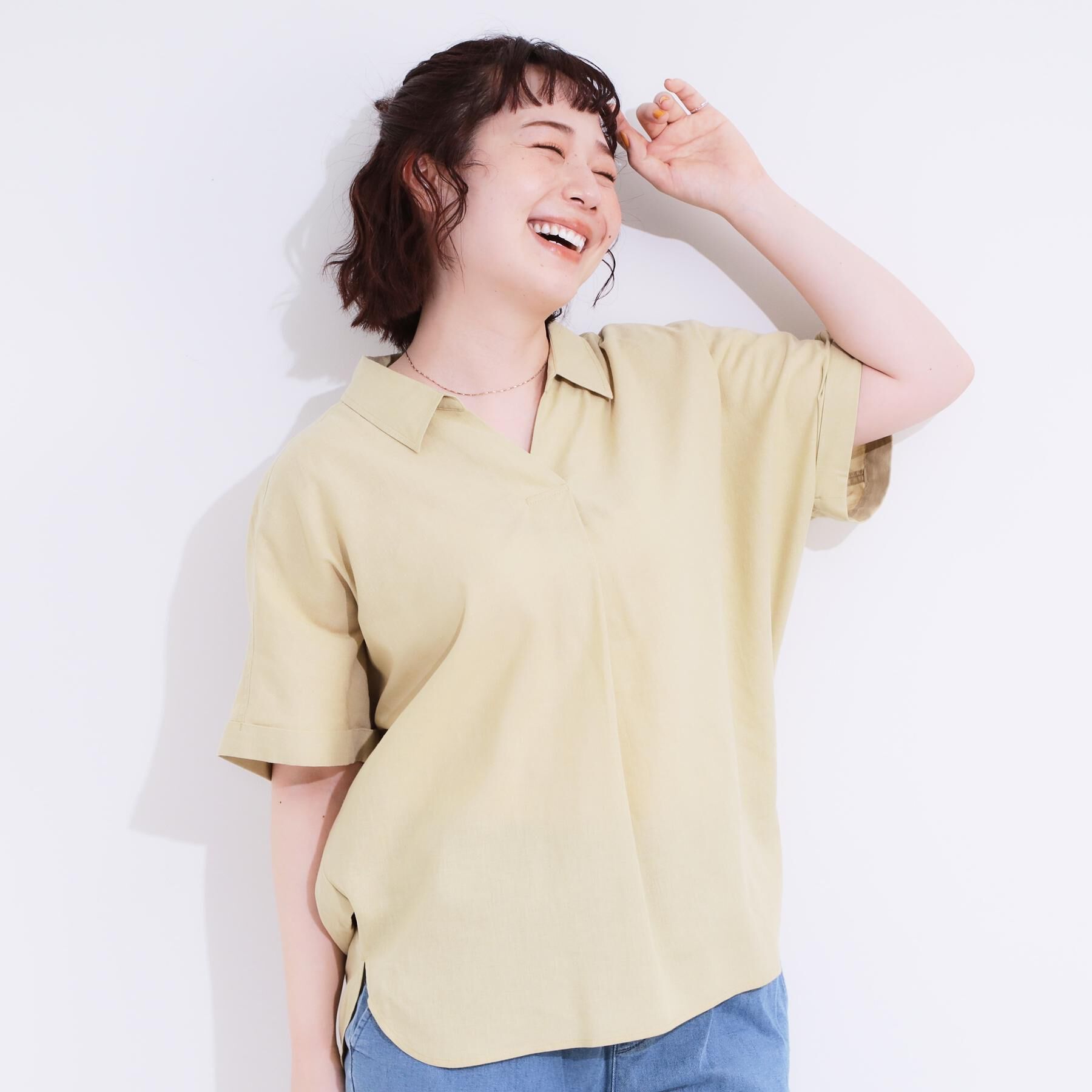 SHOO･LA･RUE「【S-LL/UV/接触冷感/抗菌防臭】体型を自然にカバー フレンチリネンブレンド襟付ドルマンシャツ」|シャツ・ブラウス|