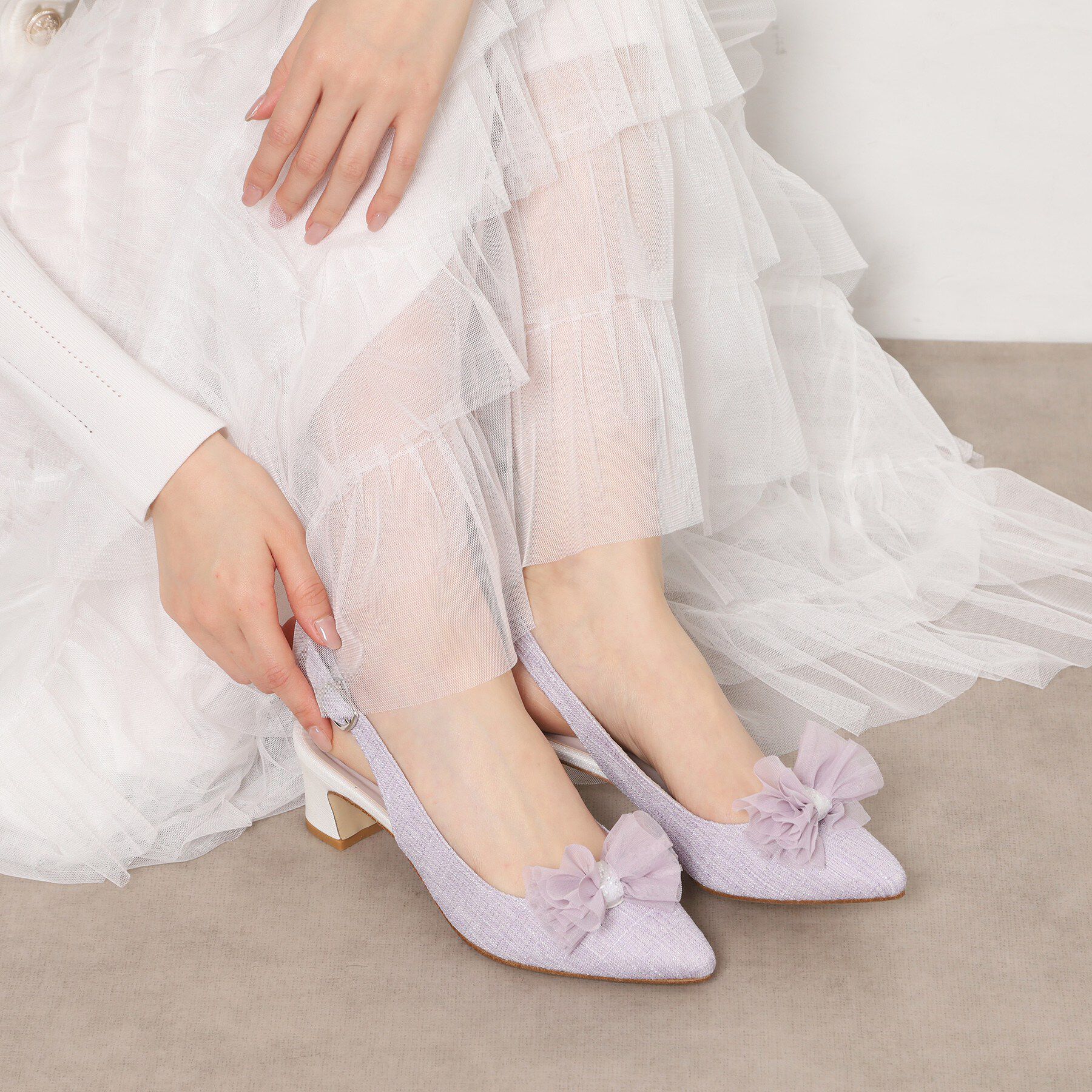 ESPERANZA「シフォンリボン付き付バックストラップパンプス」|パンプス|パープル(383)