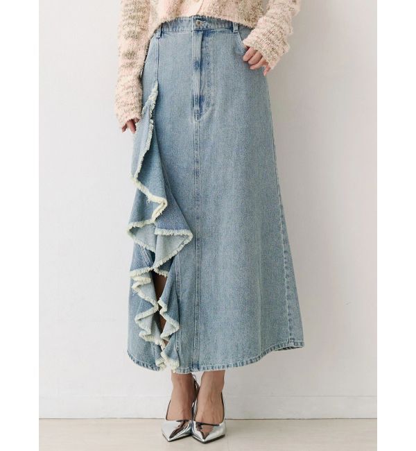 CALNAMUR「フリルスリットデニムミニスカート」|スカート|ブルー