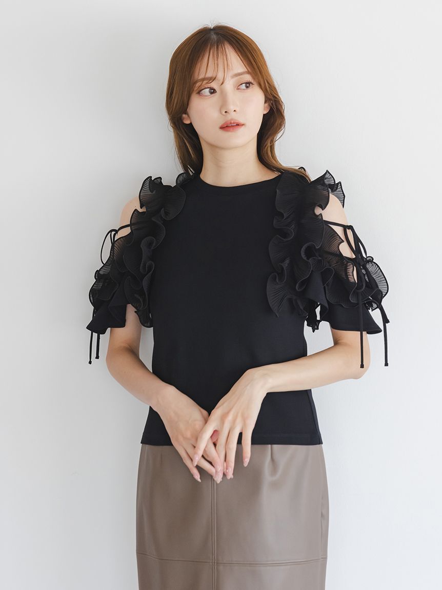 SNIDEL「プリーツフリルカットプルオーバー」|Tシャツ・カットソー|BLK