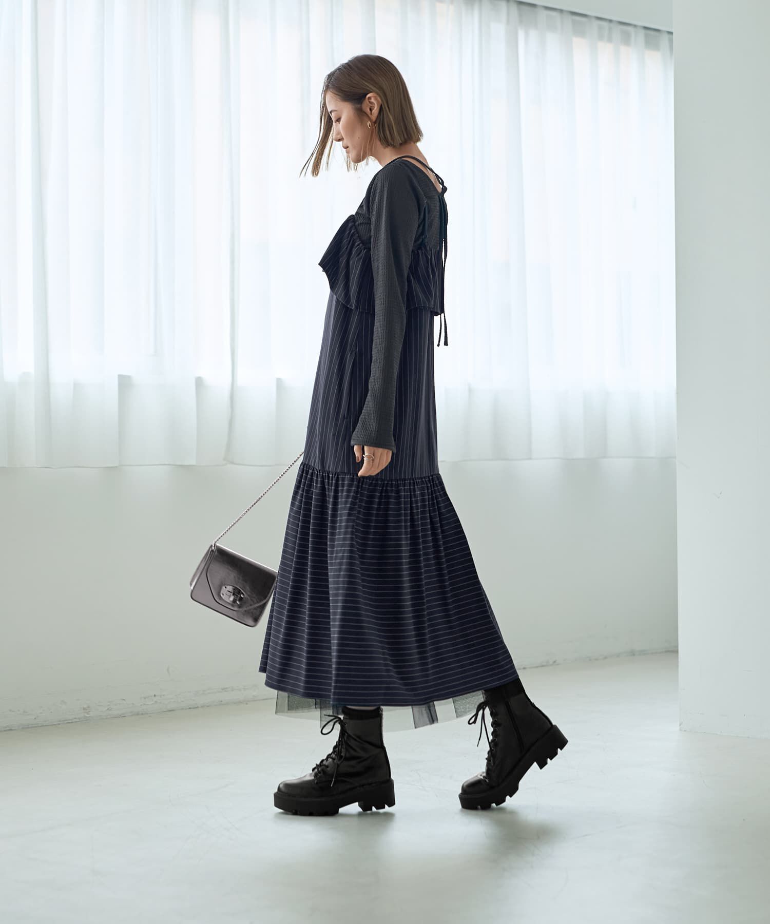 STYLE DELI「ピンストライプ柄キャミ型ジャンパースカート」|ワンピース|