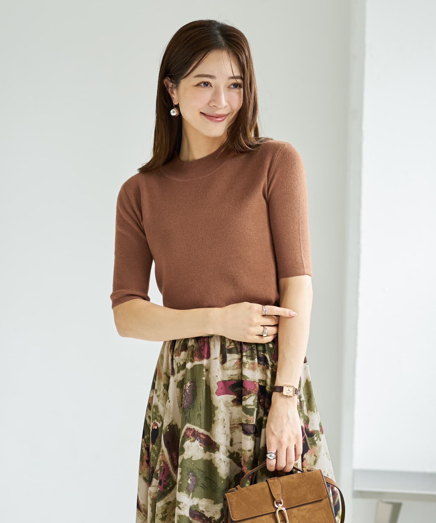 STYLE DELI「ソフトタッチ◆５分袖ハイネックトップス」|ニット・セーター|L.ブラウン