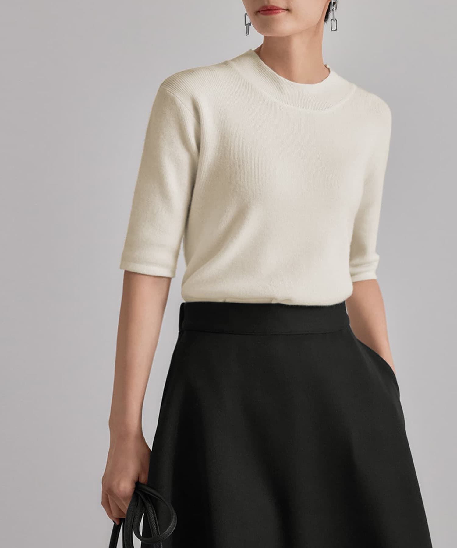 STYLE DELI「ソフトタッチ◆５分袖ハイネックトップス」|ニット・セーター|オフホワイト