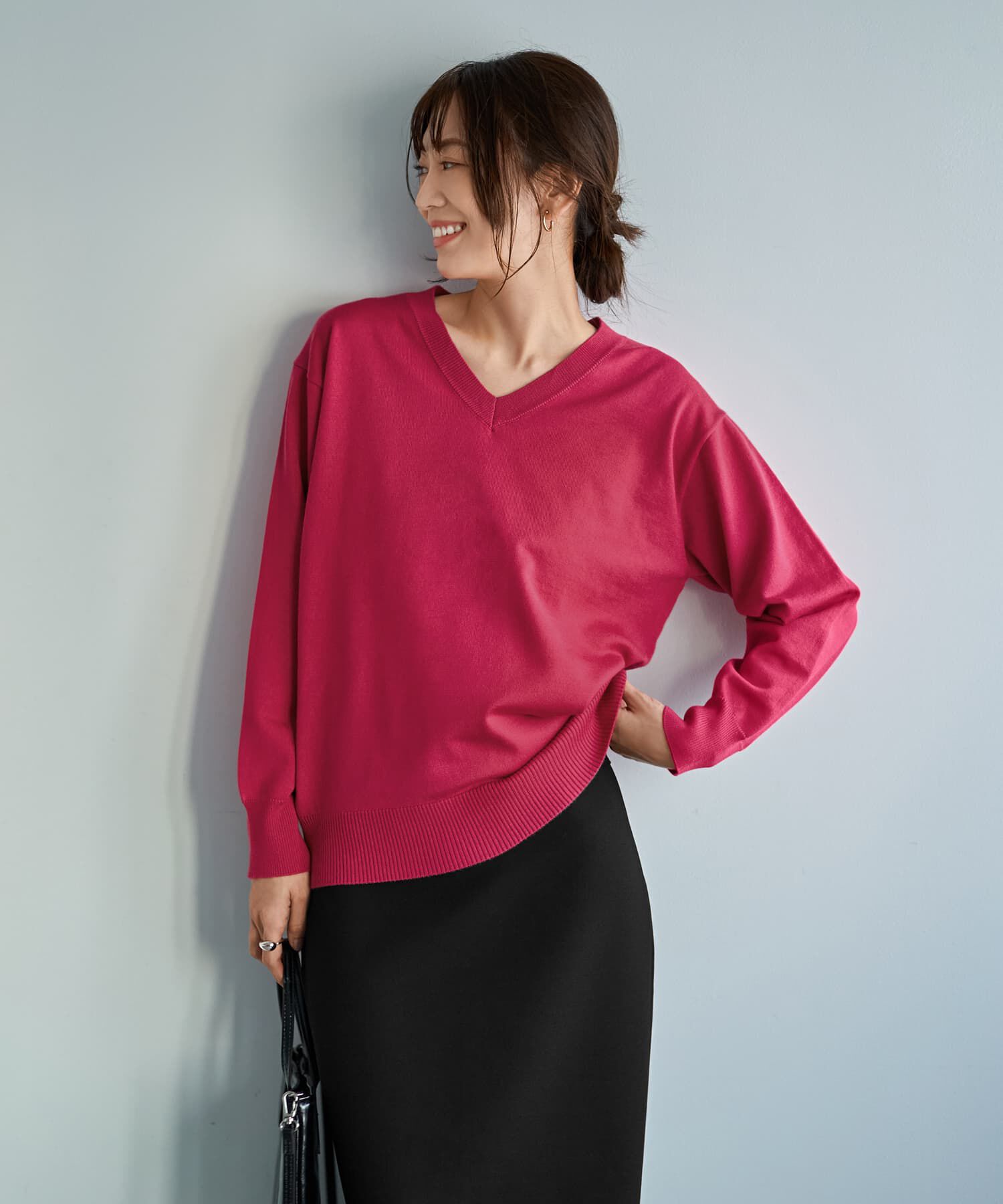 STYLE DELI「アンチピリングVネックニットトップスB」|ニット・セーター|マゼンタ