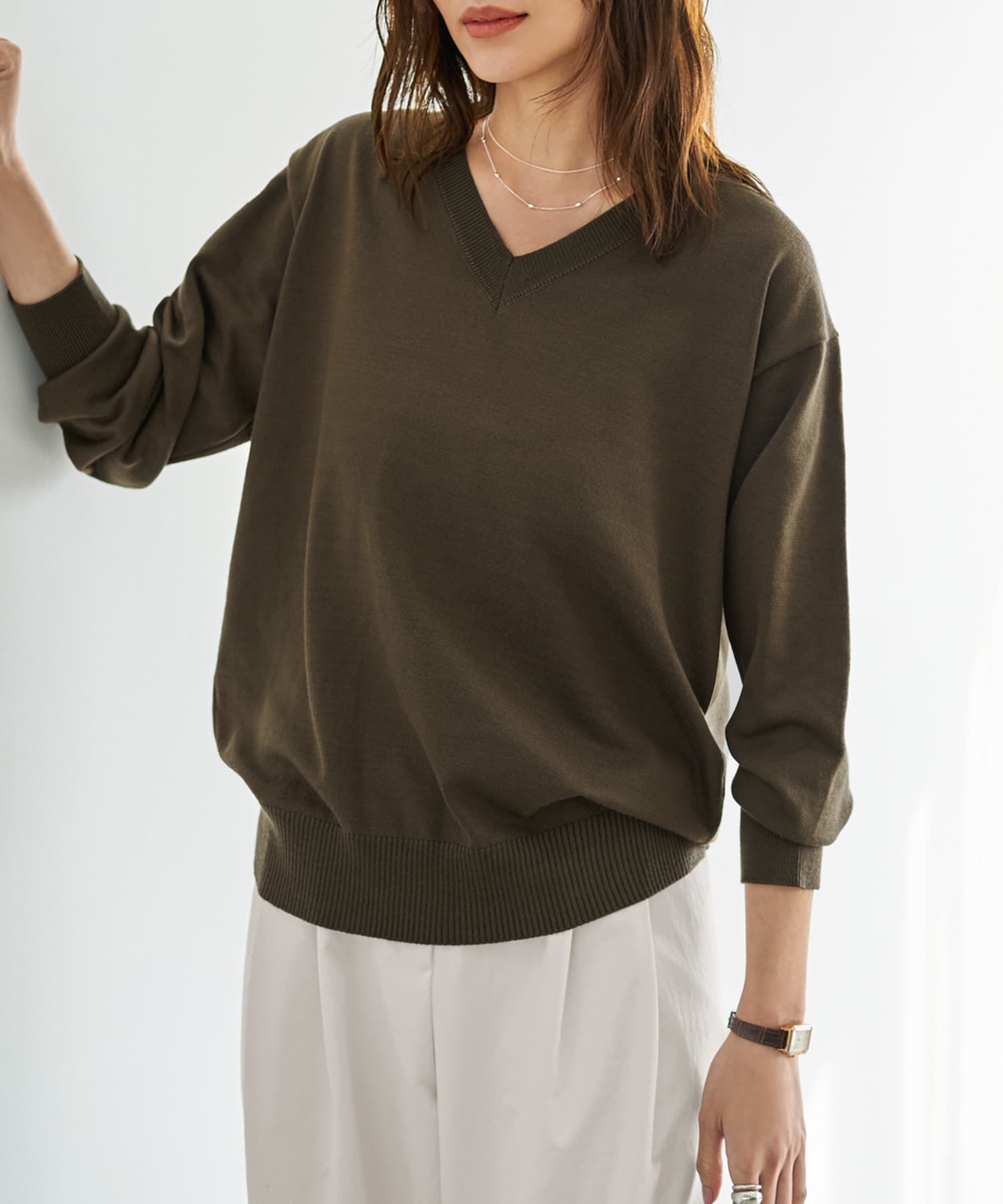 STYLE DELI「アンチピリングVネックニットトップスB」|ニット・セーター|カーキ