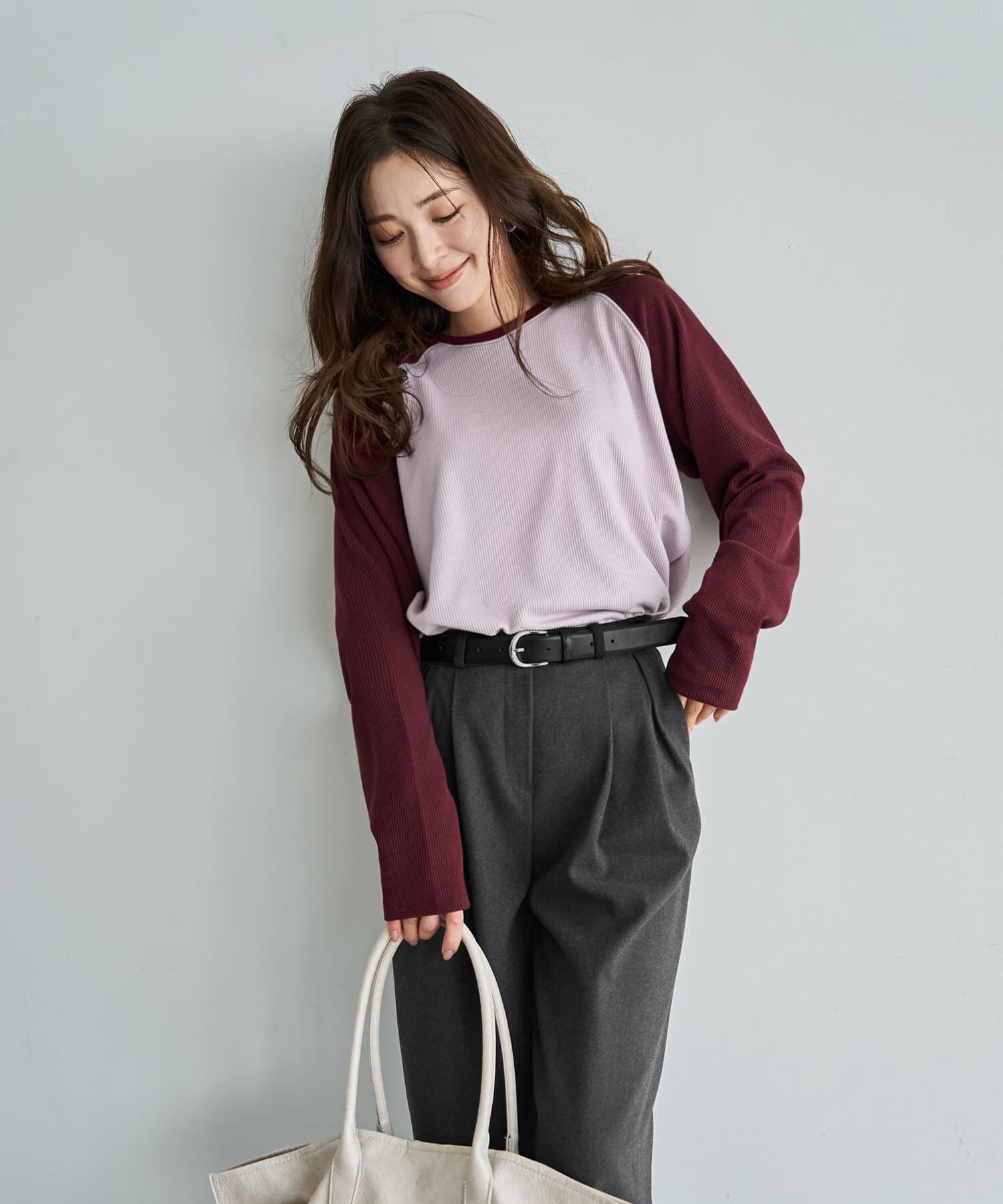 STYLE DELI「配色ラグランリブ生地プルオーバー」|Tシャツ・カットソー|ワイン
