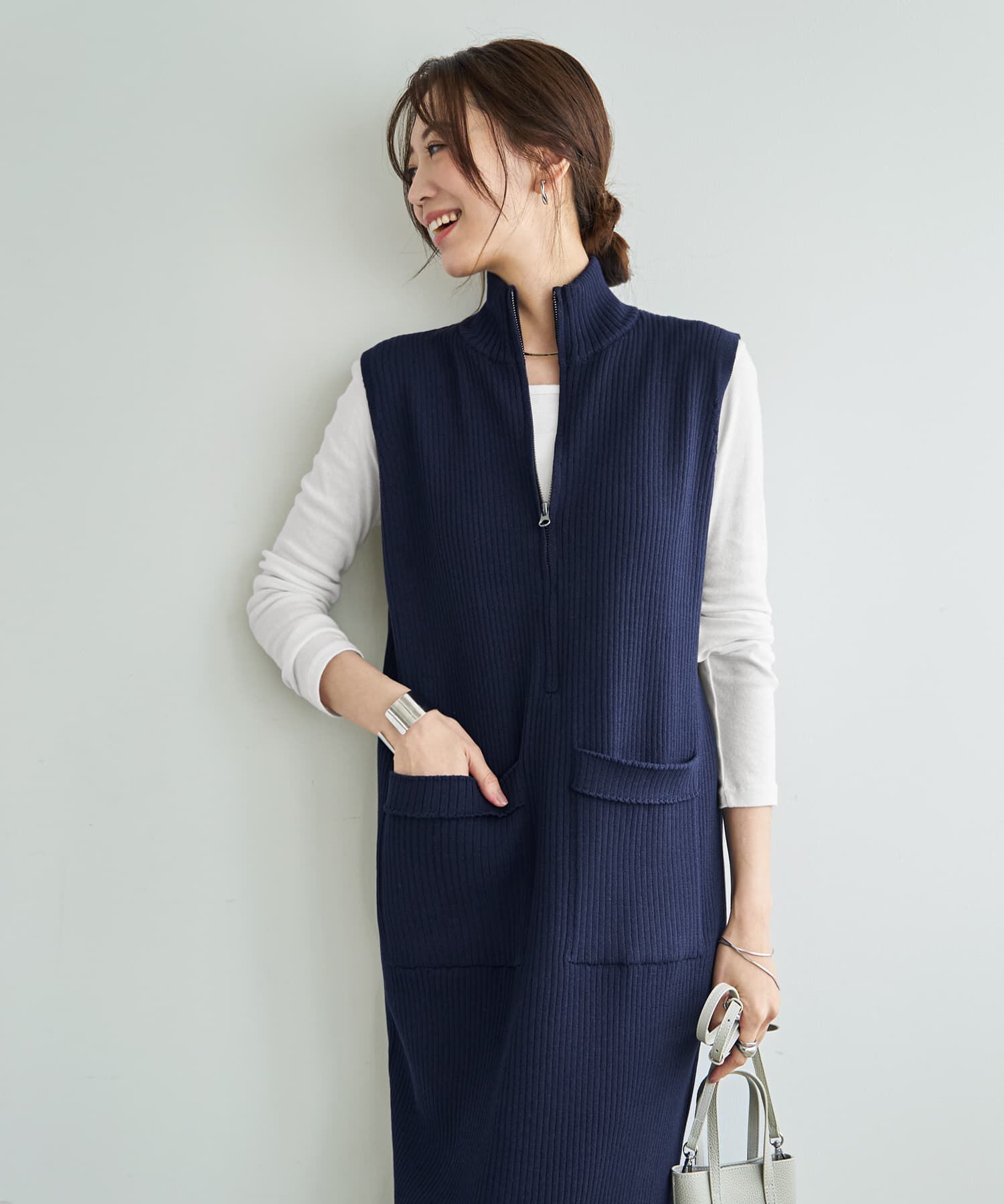 STYLE DELI「ジップ付きスタンドネックのリブニットワンピース」|ワンピース|