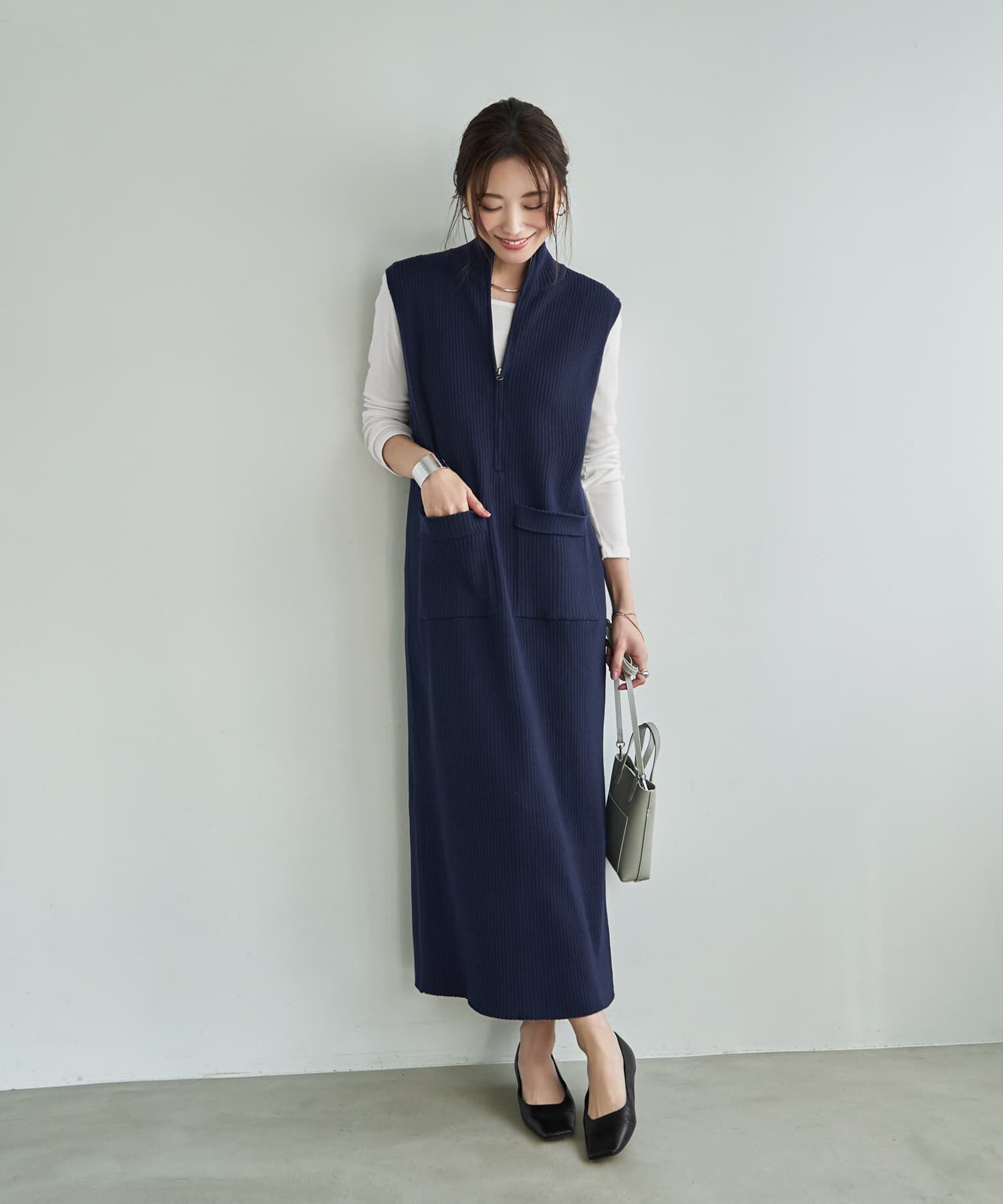 STYLE DELI「ジップ付きスタンドネックのリブニットワンピース」|ワンピース|