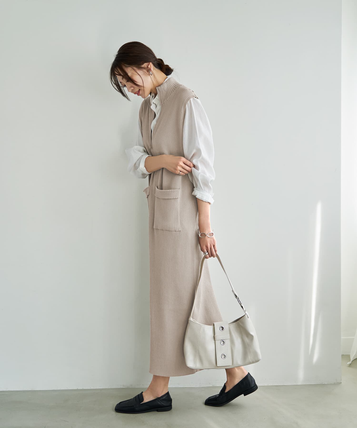 STYLE DELI「ジップ付きスタンドネックのリブニットワンピース」|ワンピース|