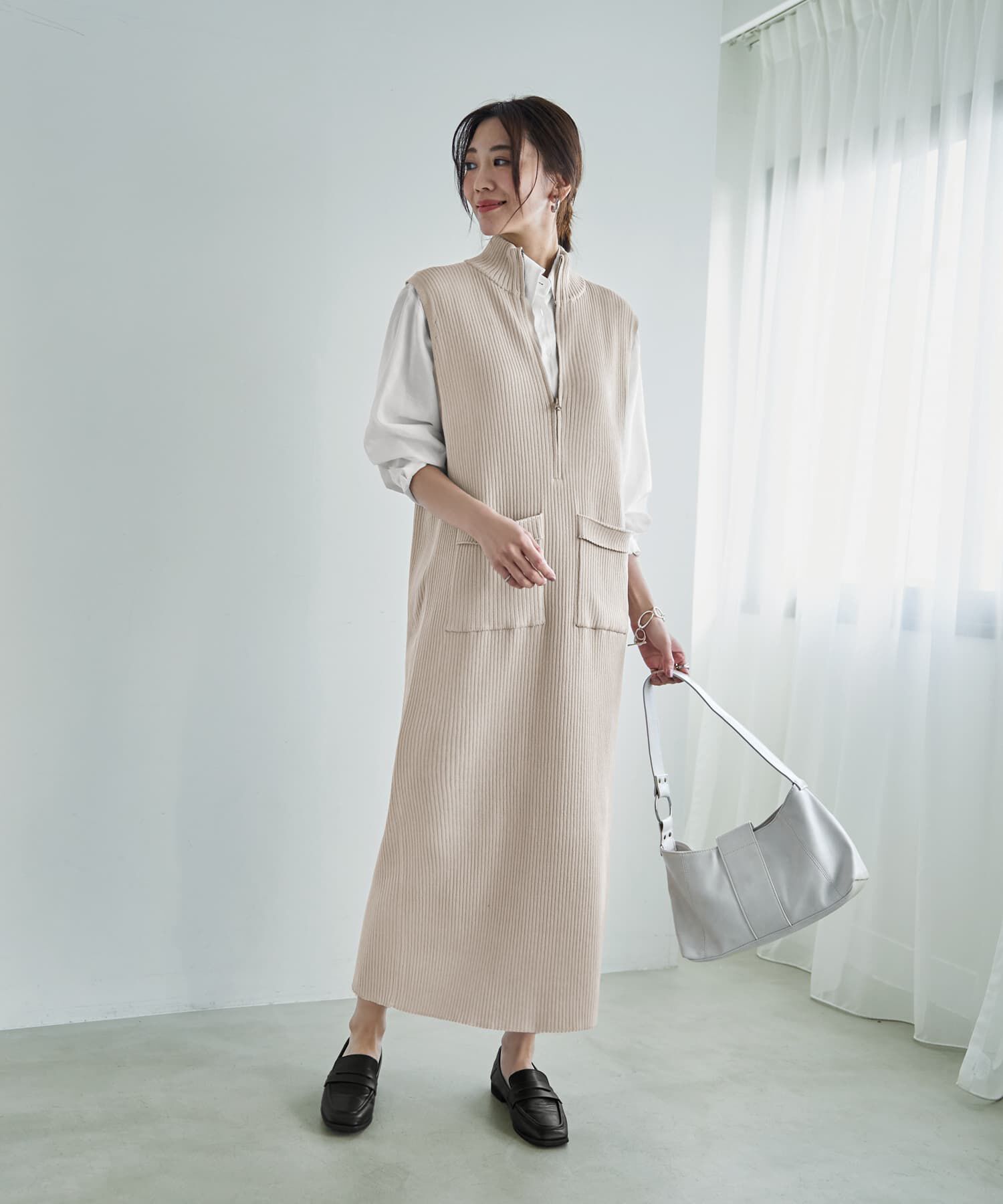 STYLE DELI「ジップ付きスタンドネックのリブニットワンピース」|ワンピース|