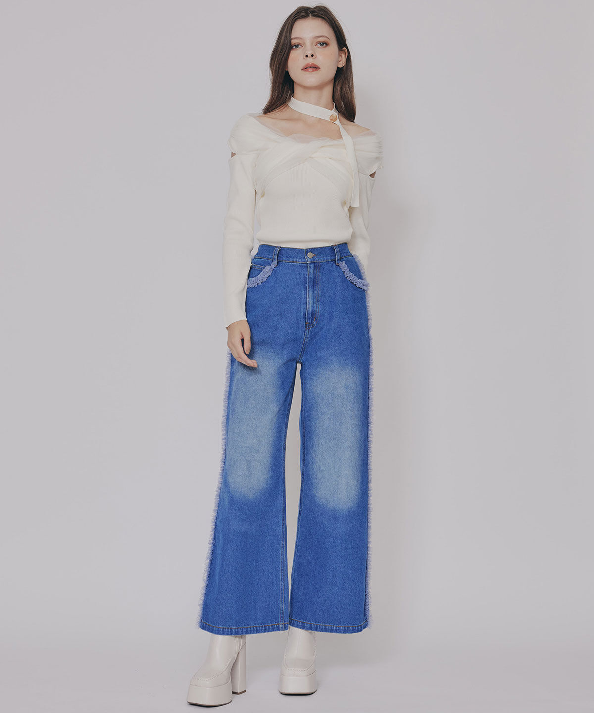 REDYAZEL「チョーカークロスチュールニットトップス」|ニット・セーター|