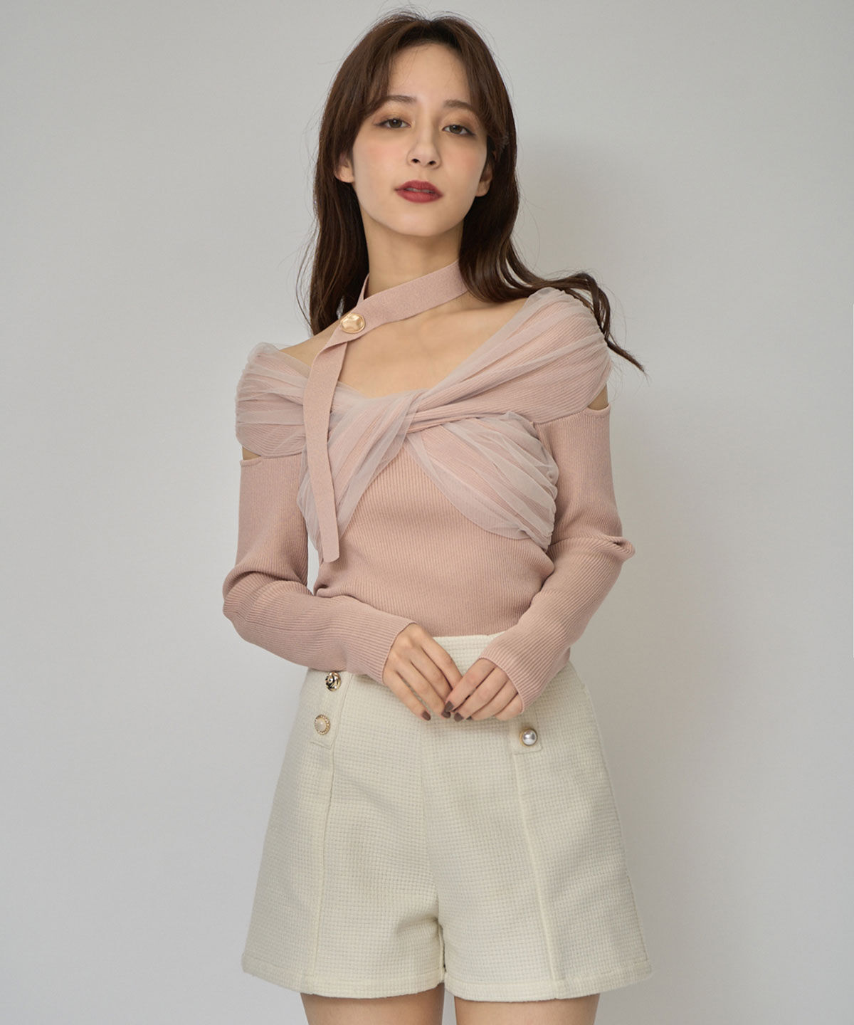 REDYAZEL「チョーカークロスチュールニットトップス」|ニット・セーター|