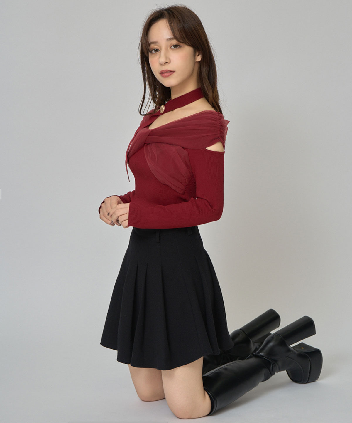 REDYAZEL「チョーカークロスチュールニットトップス」|ニット・セーター|