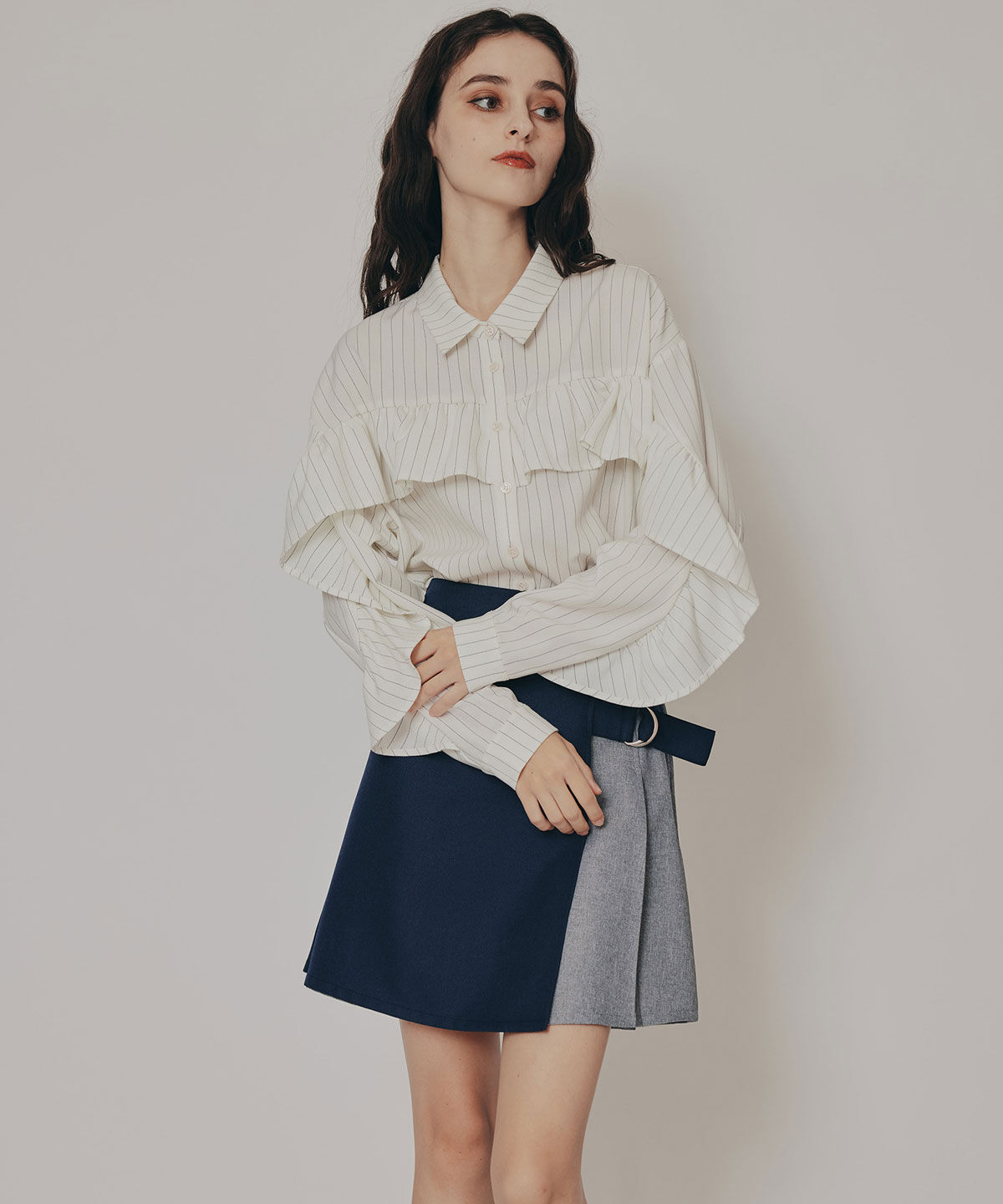 REDYAZEL「バイカラーアシメプリーツミニスカート」|フレア|