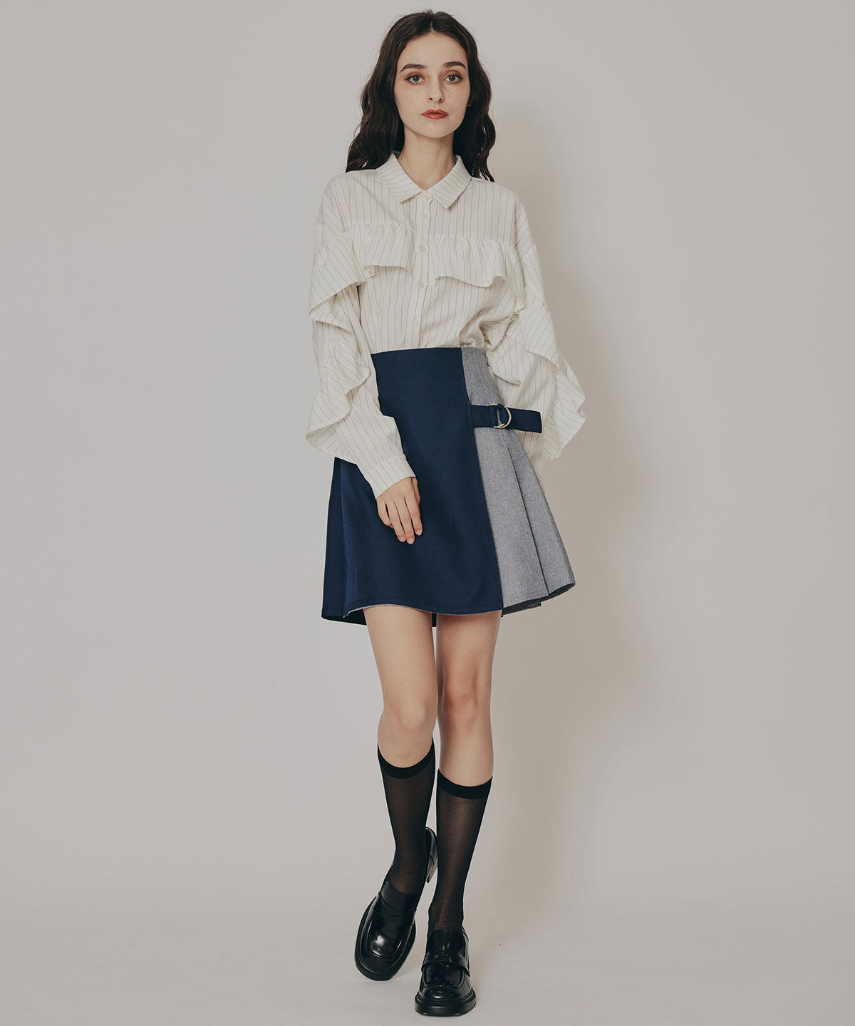 REDYAZEL「バイカラーアシメプリーツミニスカート」|フレア|