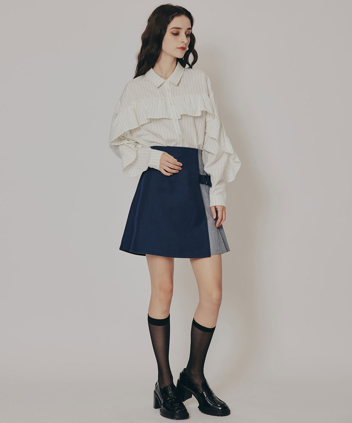 REDYAZEL「バイカラーアシメプリーツミニスカート」|フレア|