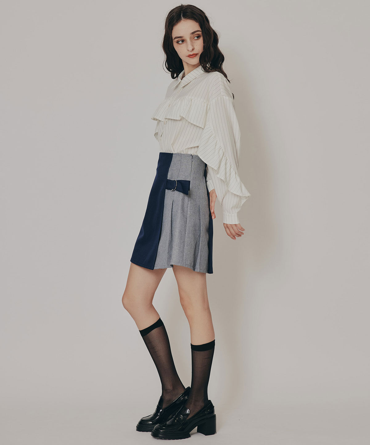 REDYAZEL「バイカラーアシメプリーツミニスカート」|フレア|