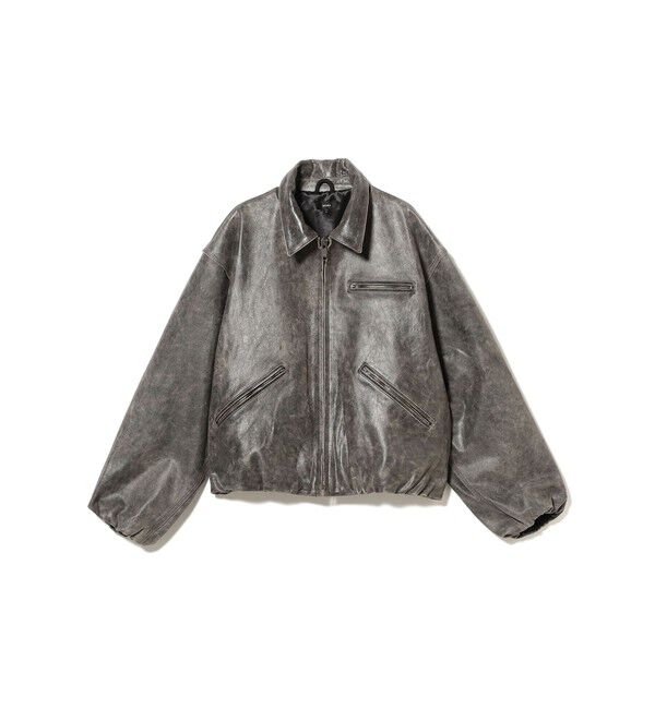 BEAMS「ワイドショートフィット ゴートレザー ジップブルゾン」|ブルゾン・スタジャン|BLACK