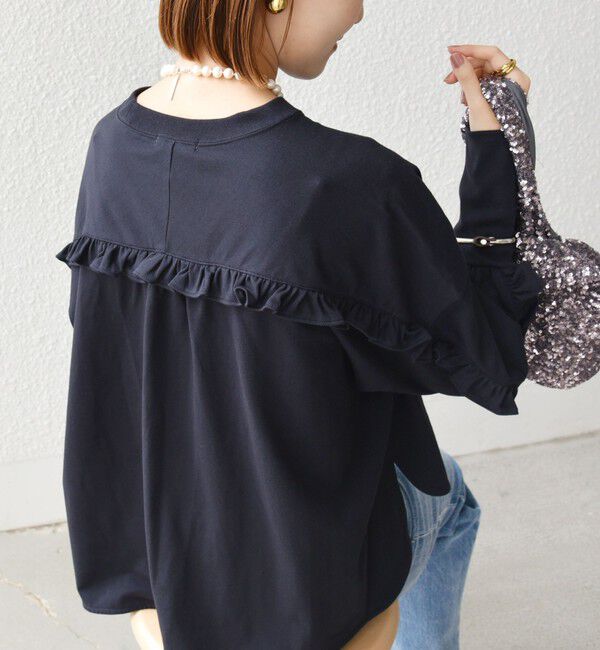 SHIPS for women「〈洗濯機可能〉ロング リブ スリーブ フリル カットソー」|Tシャツ・カットソー|ネイビー