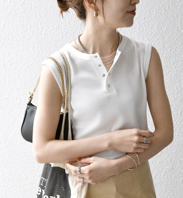SHIPS any「SHIPS any:〈洗濯機可能〉ワッフル ヘンリーネック 2WAY ノースリーブ TEE」|タンクトップ|ホワイト