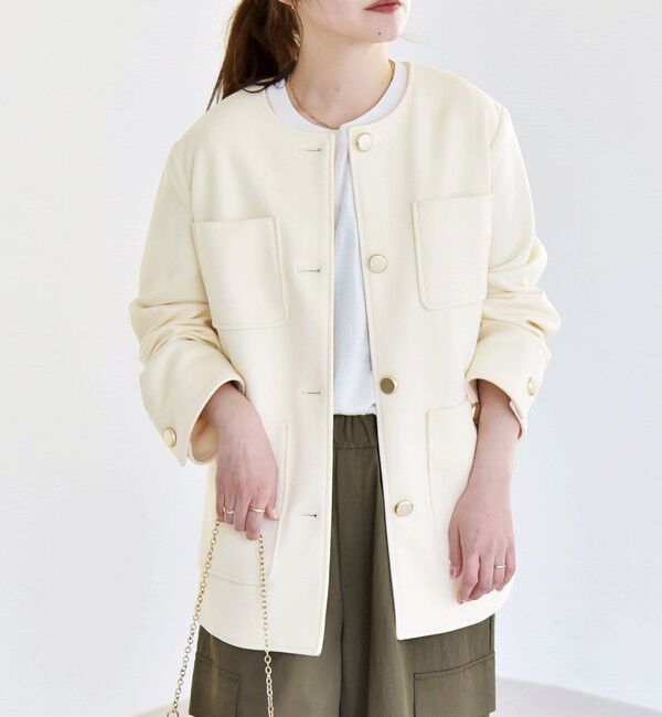 quaranciel:〈手洗い可能〉ジャージー ポケット ノーカラー ジャケット