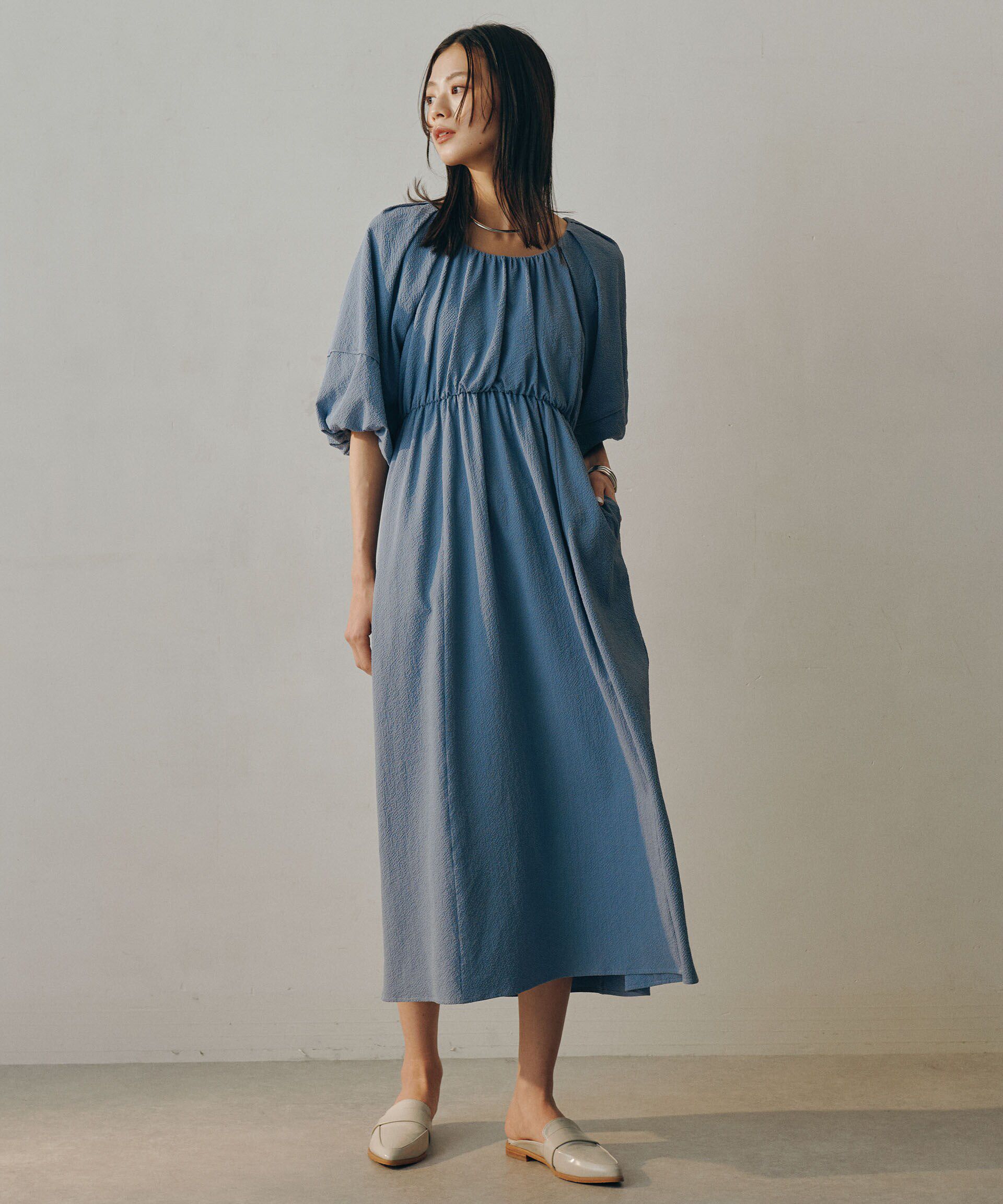 nano･universe「マイクロサッカーボリュームスリーブワンピース」|ワンピース|ブルー