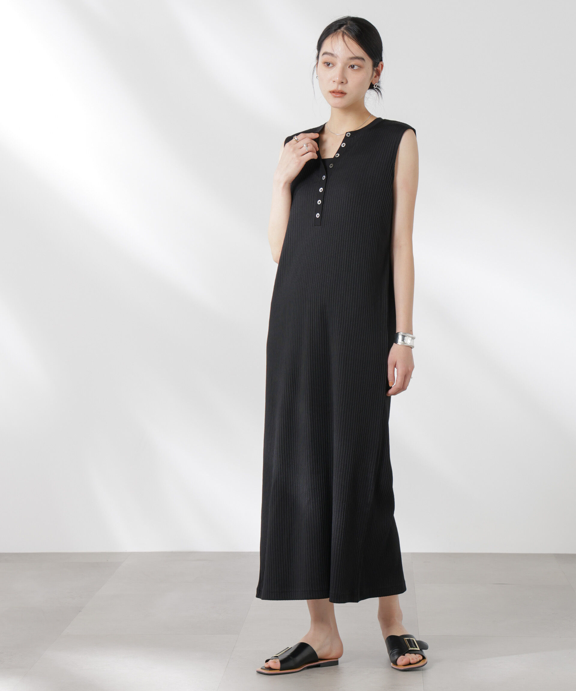 nano･universe「ヘンリーネックドライテレコワンピース」|ワンピース|ブラック