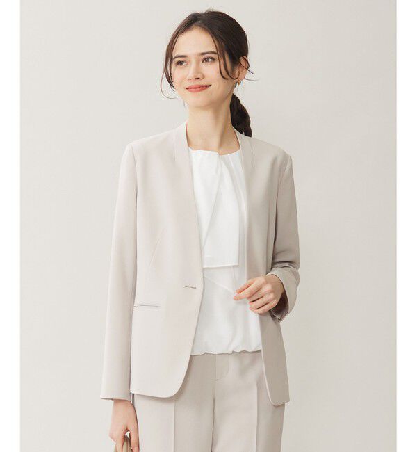 自由区「【セットアップ対応・UVカット・接触冷感・洗える】ライトストレッチノーカラー ジャケット」|ノーカラージャケット|ベージュ