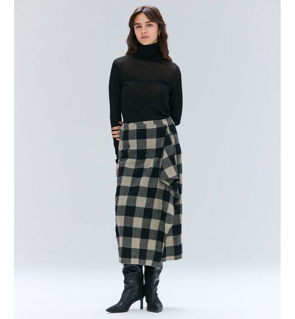 BEIGE,「HOBBS / フェイクレザーポケットウールチェックラップスカート」|スカート|