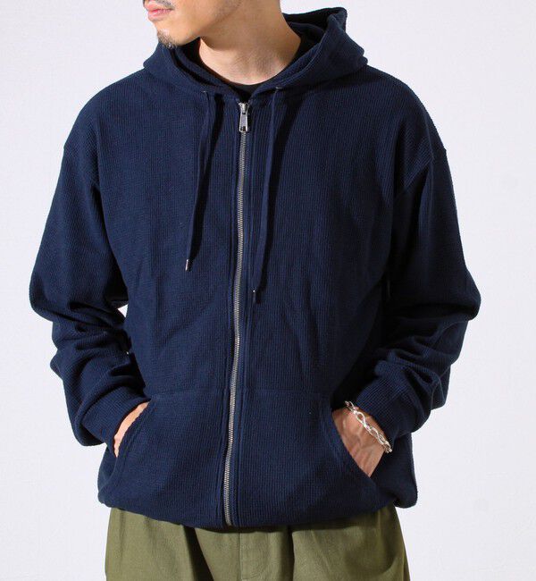 GLOSTER「【レイヤードに最適】起毛ワッフル 裾ドロストジップパーカー」|パーカー|ネイビー