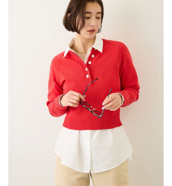 ROPE「ヘンリーネックラグランスリーブニットプルオーバー/イージーケア」|ニット・セーター|レッド(60)