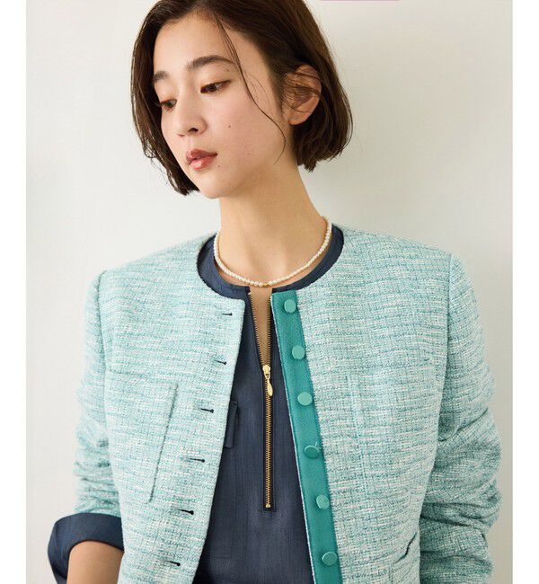 ROPE「ツイードノーカラージャケット」|ノーカラージャケット|ターコイズ(49)