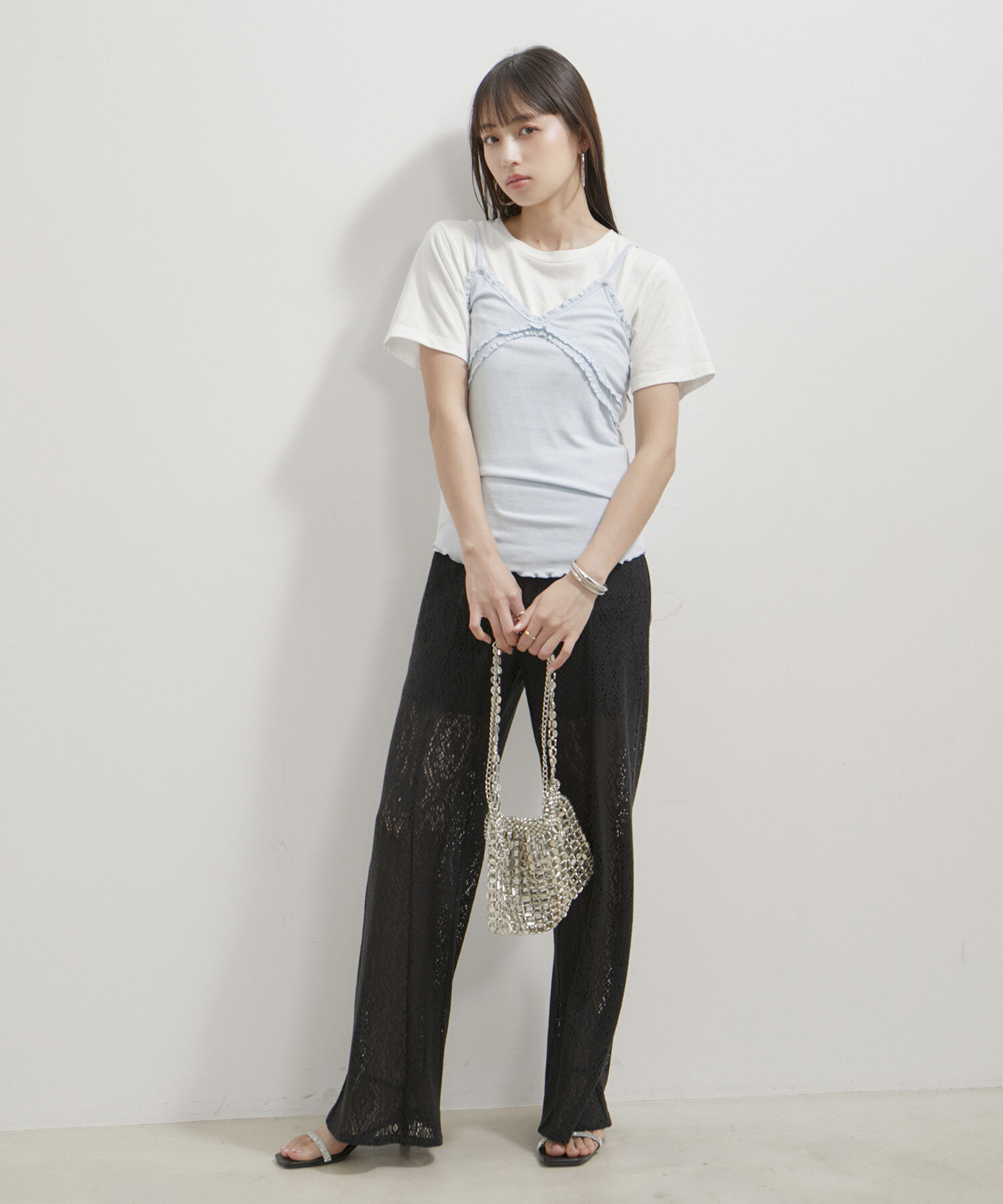 VIS「【洗える】パターンメッシュフリルキャミソール」|キャミソール|