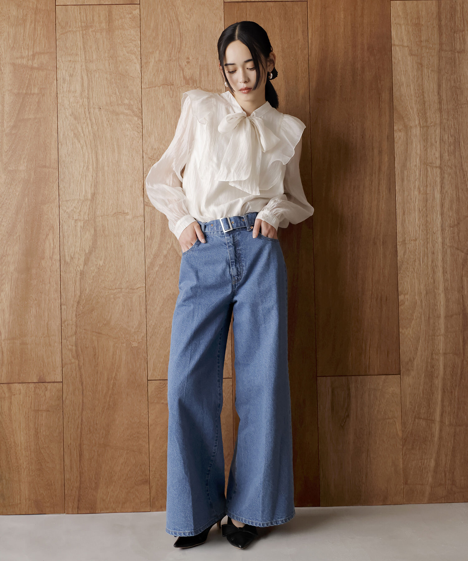 VIS「【洗える】センタープレスワイドデニム」|デニム|