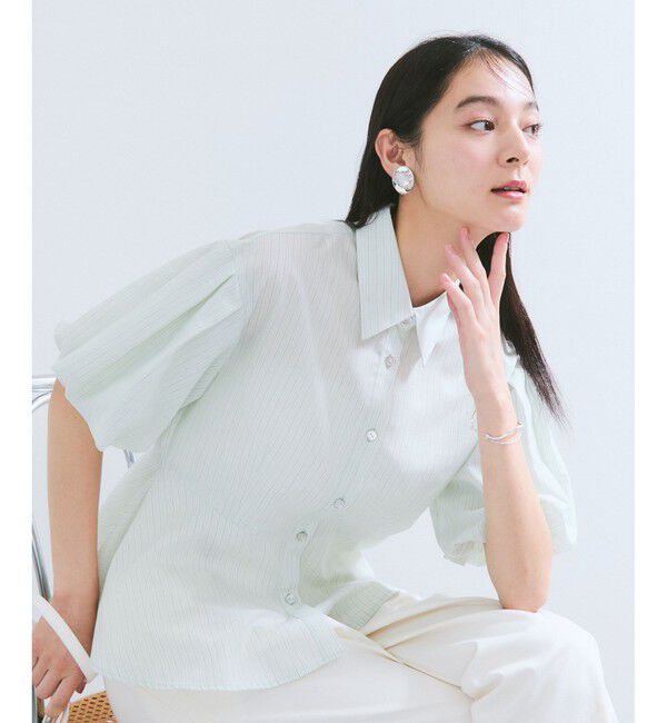 VIS「バルーンスリーブペプラムシャツ/通勤対応」|シャツ・ブラウス|ライトグリン(33)