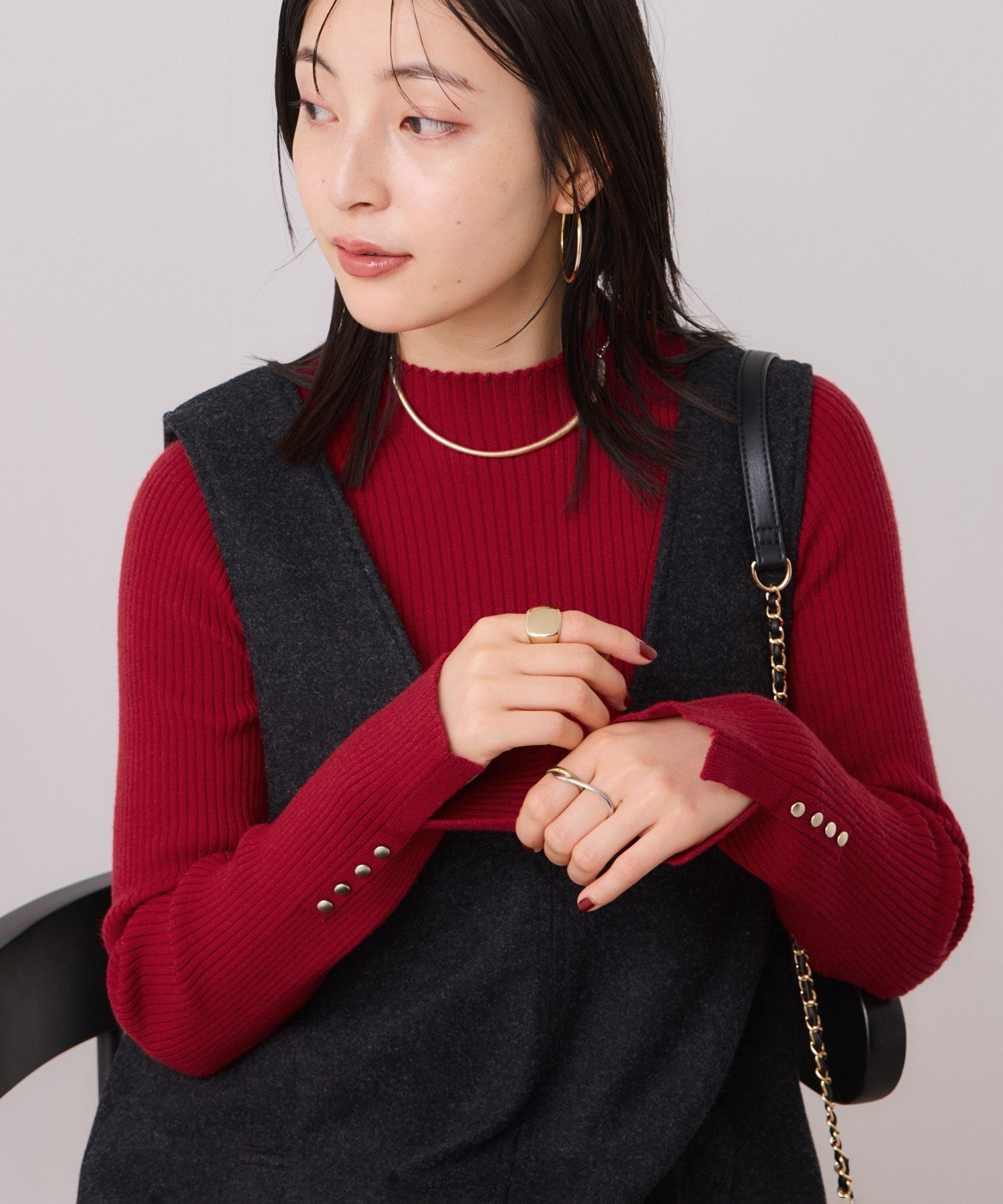 VIS「【美得】スリーブ釦アクセントリブニット/WEB限定FSサイズ・静電気防止」|ニット・セーター|