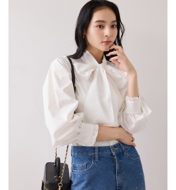 VIS「チェック＆デニムアソートボウタイリボン付きスタンドカラーシャツ」|シャツ・ブラウス|