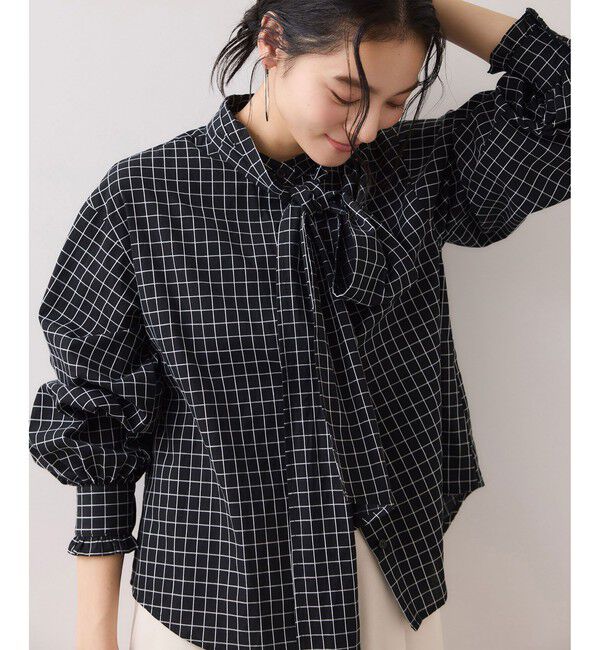 VIS「チェック＆デニムアソートボウタイリボン付きスタンドカラーシャツ」|シャツ・ブラウス|