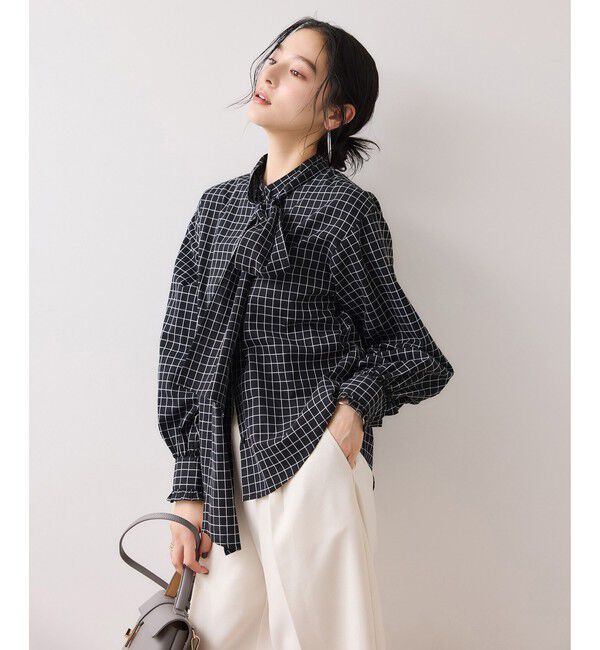 VIS「チェック＆デニムアソートボウタイリボン付きスタンドカラーシャツ」|シャツ・ブラウス|
