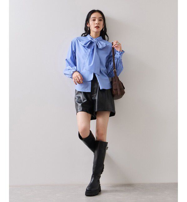 VIS「チェック＆デニムアソートボウタイリボン付きスタンドカラーシャツ」|シャツ・ブラウス|