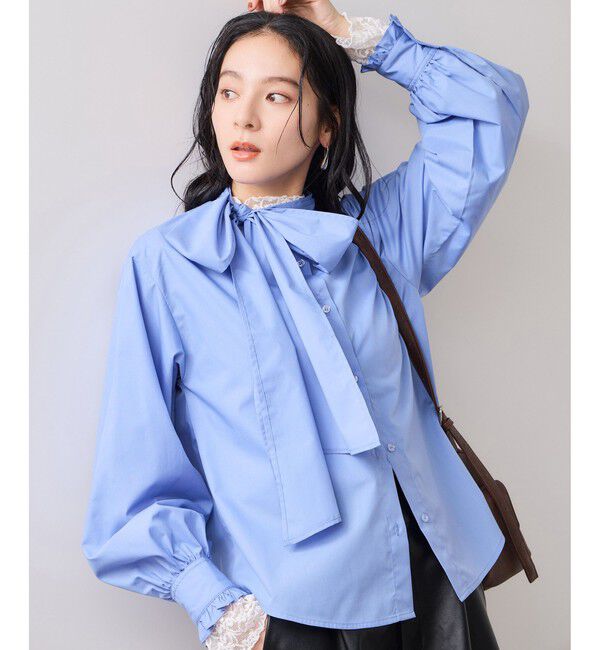 VIS「チェック＆デニムアソートボウタイリボン付きスタンドカラーシャツ」|シャツ・ブラウス|