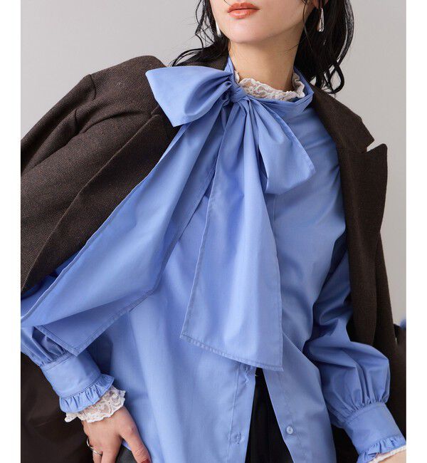 VIS「チェック＆デニムアソートボウタイリボン付きスタンドカラーシャツ」|シャツ・ブラウス|