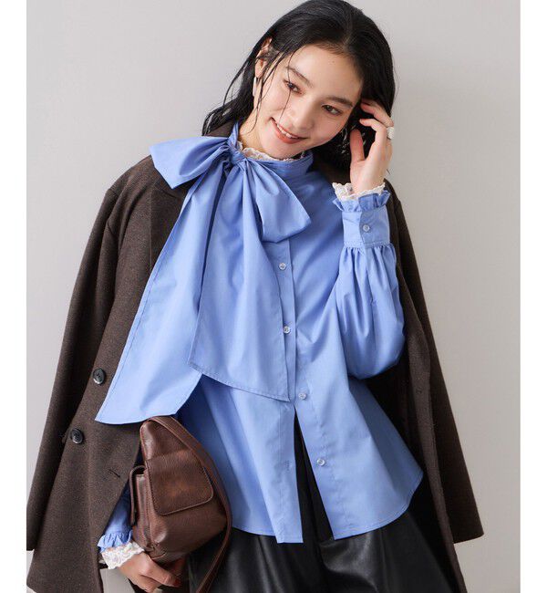 VIS「チェック＆デニムアソートボウタイリボン付きスタンドカラーシャツ」|シャツ・ブラウス|