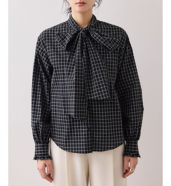 VIS「チェック＆デニムアソートボウタイリボン付きスタンドカラーシャツ」|シャツ・ブラウス|